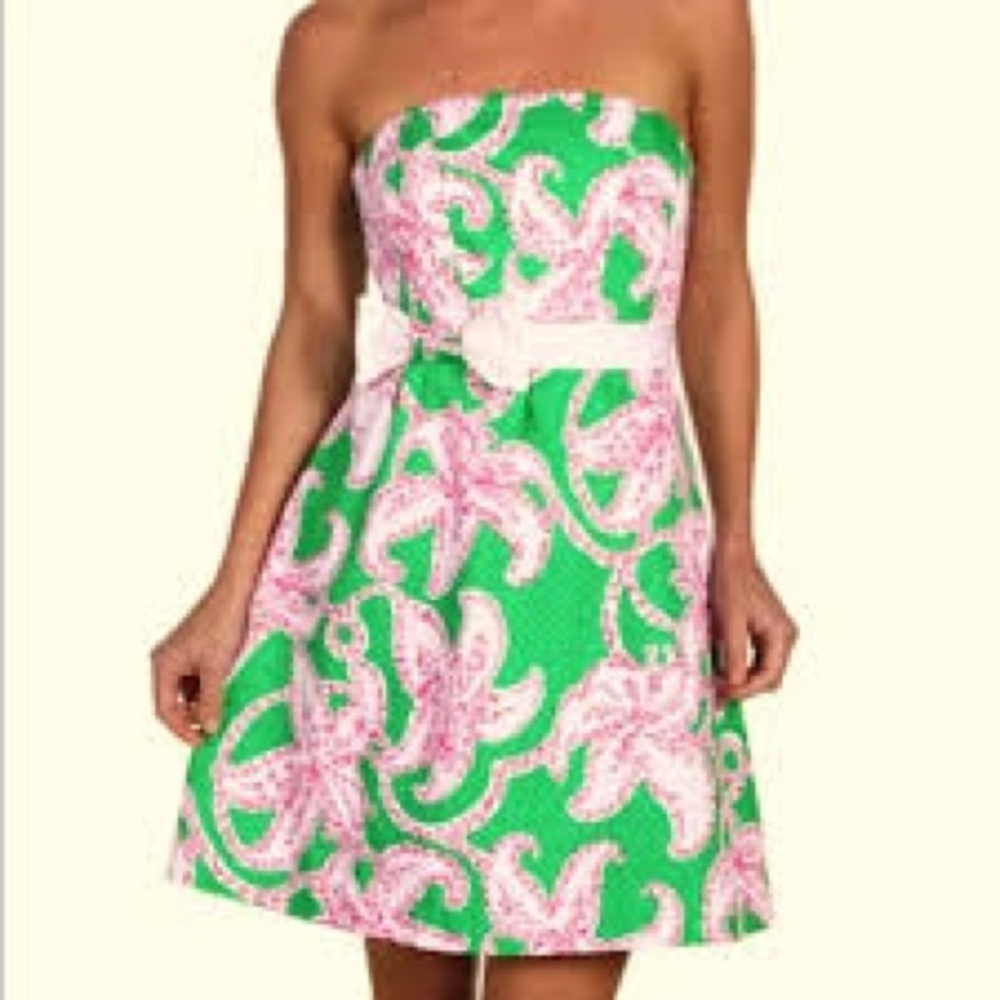 Lilly Pulitzer strapless lily print dress green pink white womens size‎ 2